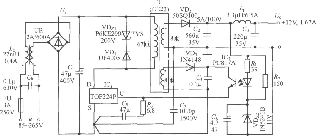 TOP224P構(gòu)成的12V、20W開(kāi)關(guān)直流穩(wěn)壓電源電路